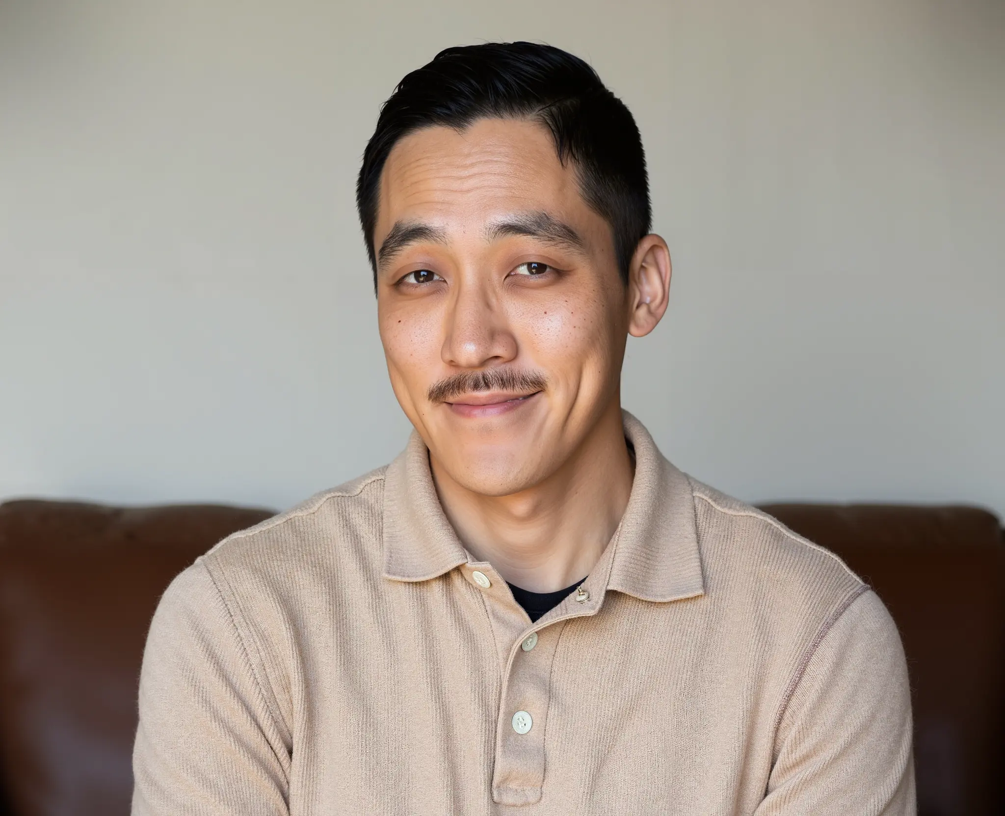 Chiwoo smiling in a warm portrait, wearing a beige shirt